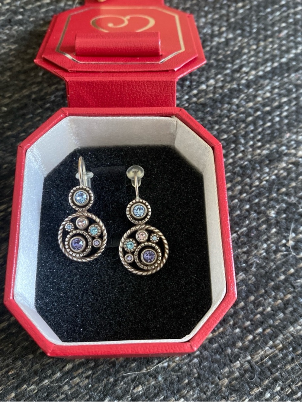 Brighton Silver Dangle Earrings with Blue, Aqua, and Purple Stones